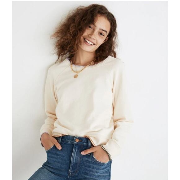 Madewell Women's L Stiched Shrunken Knit Sweatshirt Cream Brown Purple Crew Neck - Picture 1 of 15